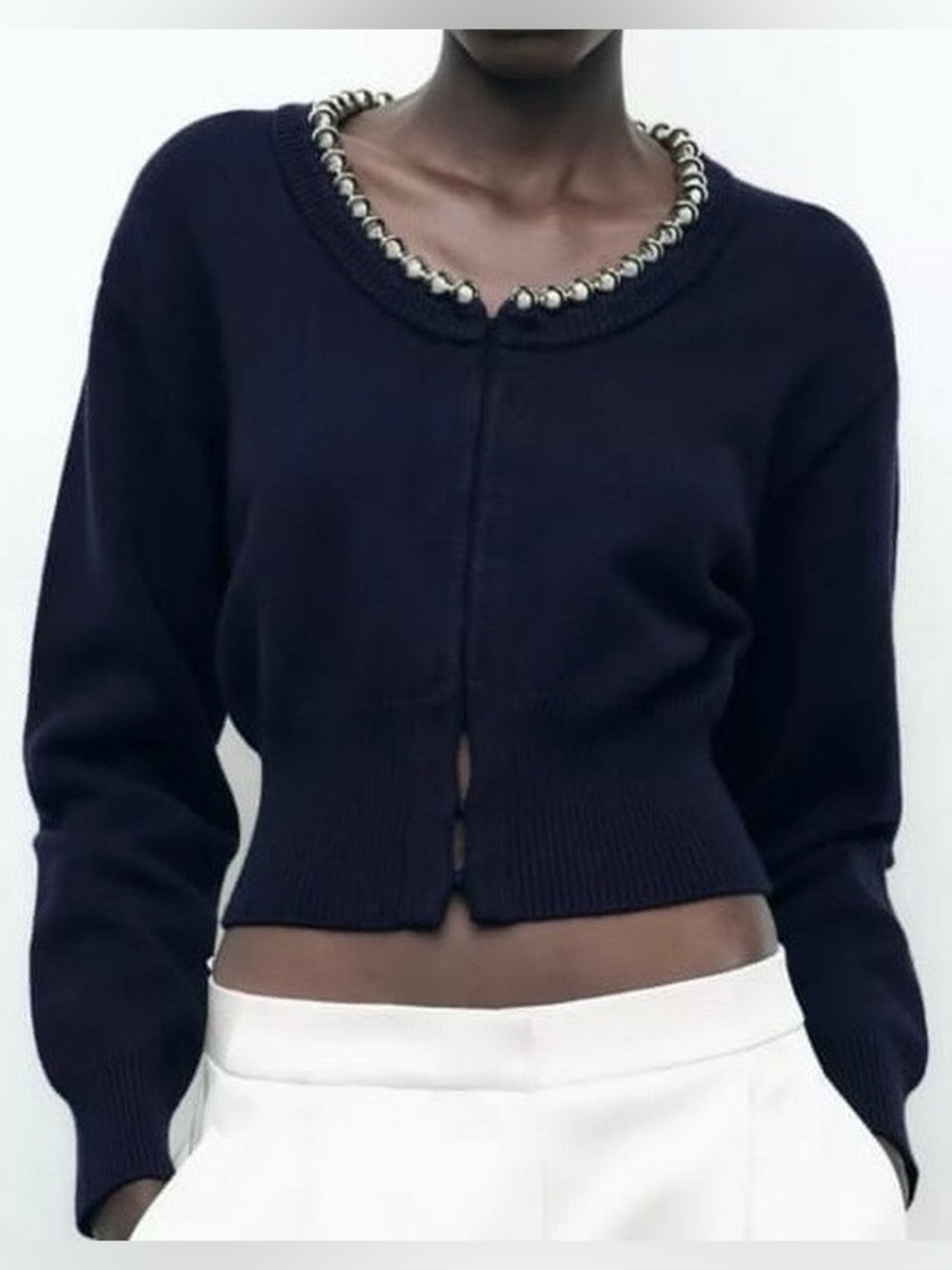 Zara - NWT Navy Blue Metal Ball Neckline Hook Eye Long Sleeve Cardigan Sweater M